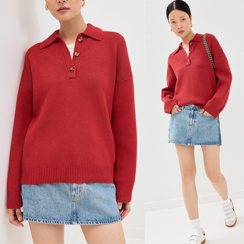 Reformation Brooklyn Sweater Sundried Tomato Red Cotton Polo Henley‎ Size L NWT - Picture 2 of 11